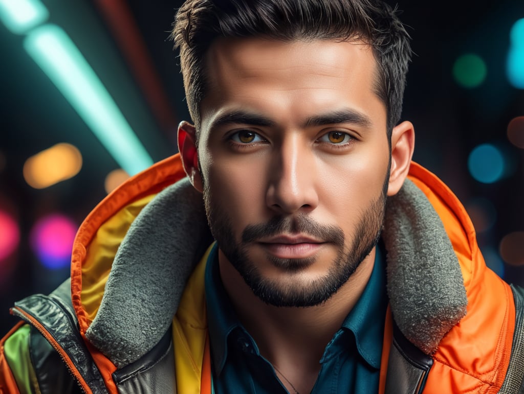 man from future, ultra realism, super detailed, neon colors, magazine cover, professional shot, magazine photography, bright saturated colors, sharp focus, highly detailed, room for copy, simple background