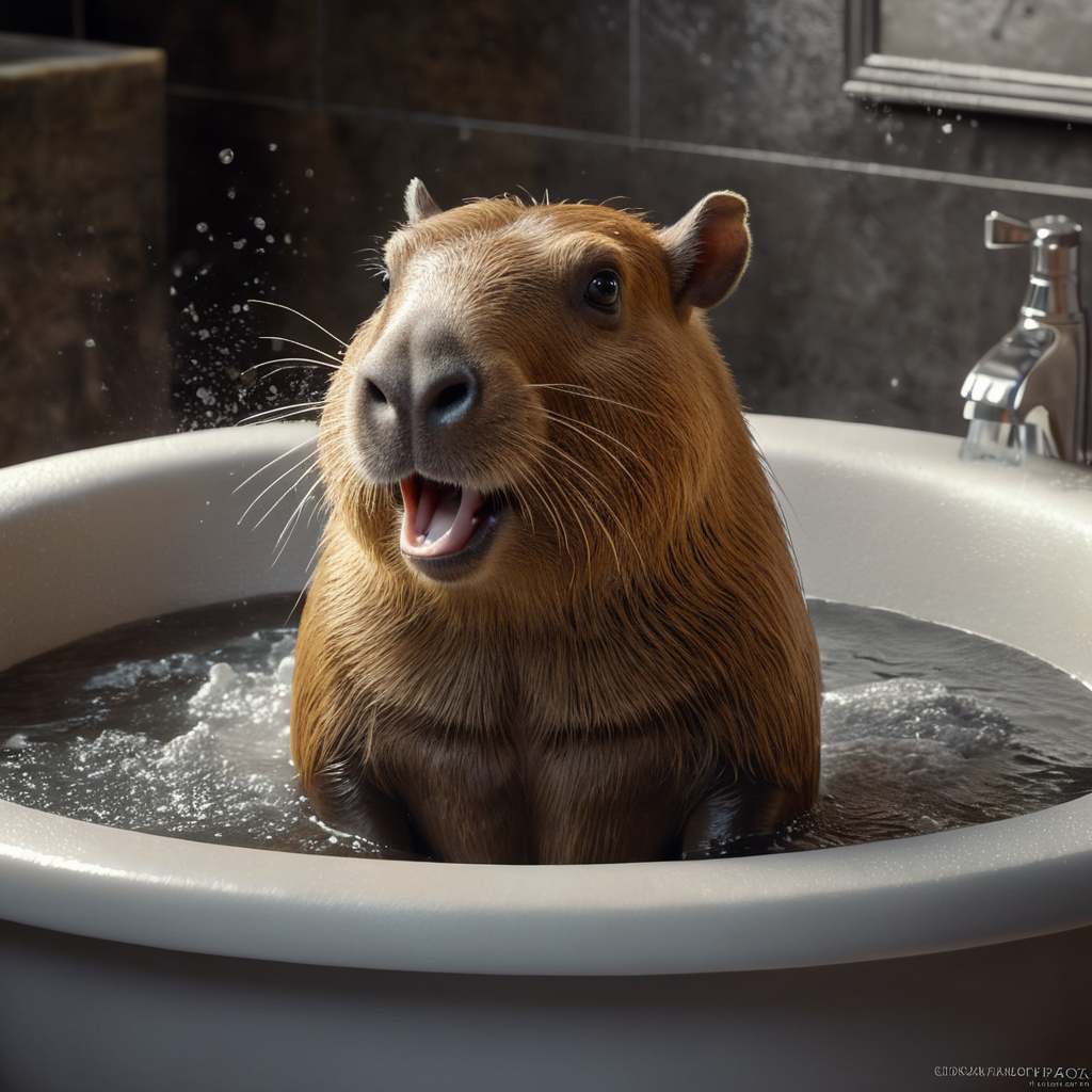 Capybara in bath with foam