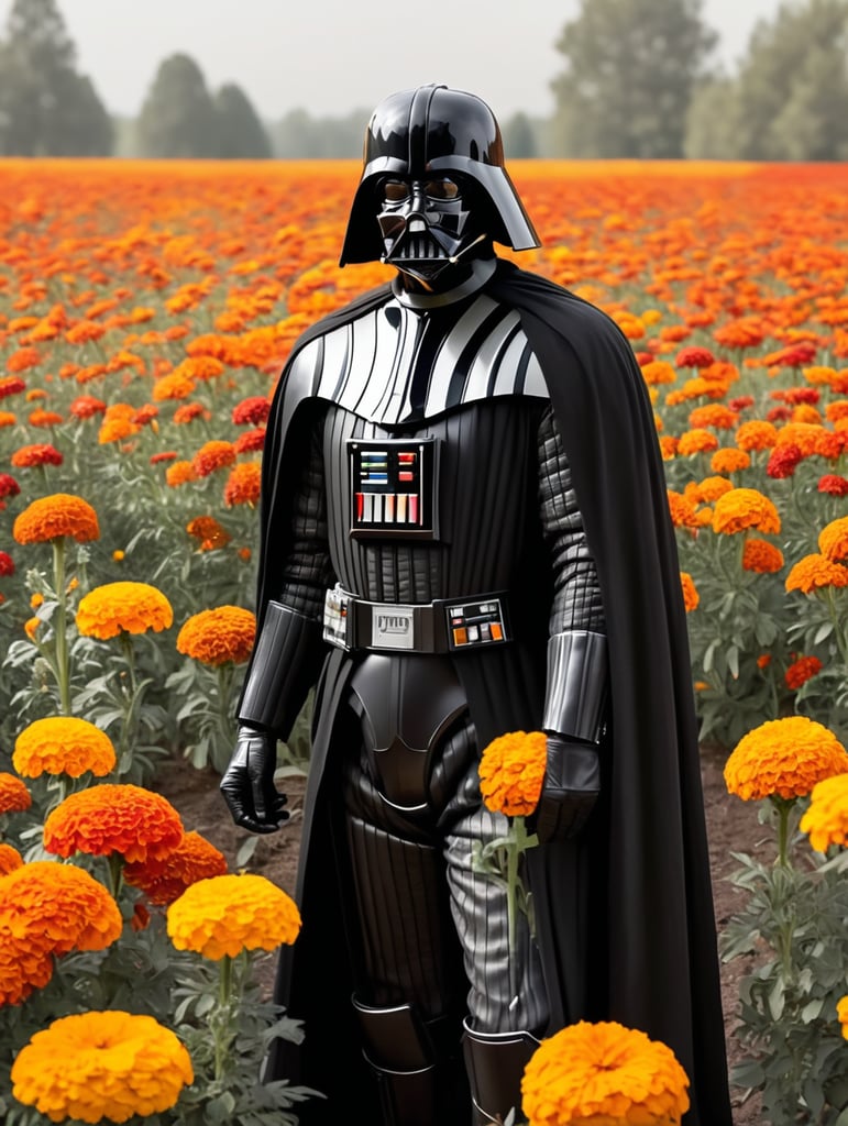 Darth Vader standing in a flower field of marigolds while looking up