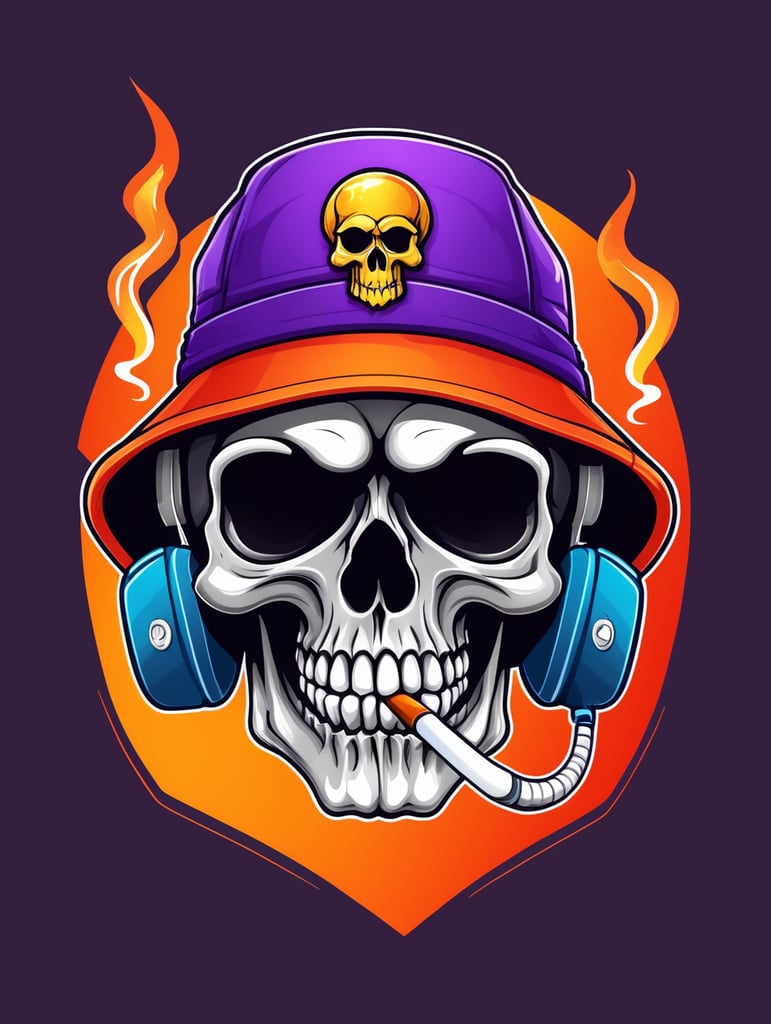 smoking skull wearing bucket hat logo, bright colors, Skull Gaming Logo, vector image