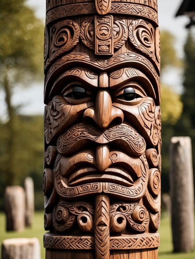 viking's wooden totem pole, viking faces carved, animals carved, traditional ornament around