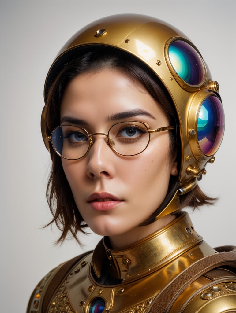 In 1998, abstract fashion photography captured a 1960s astronaut woman in a gold spacesuit with a large helmet and glasses. The art, created by Victor Moscoso and Bridget Riley, used Kodak Ektar 100 film. Carne Griffiths added a touch of magic with fluid art, while artists like Conrad Roset, Ilya Kuvshinov, Mark Fielding, and Zwy Studio emphasized high lights in the eyes. Sergio Lopez and Natalie Shau also contributed to the artwork.