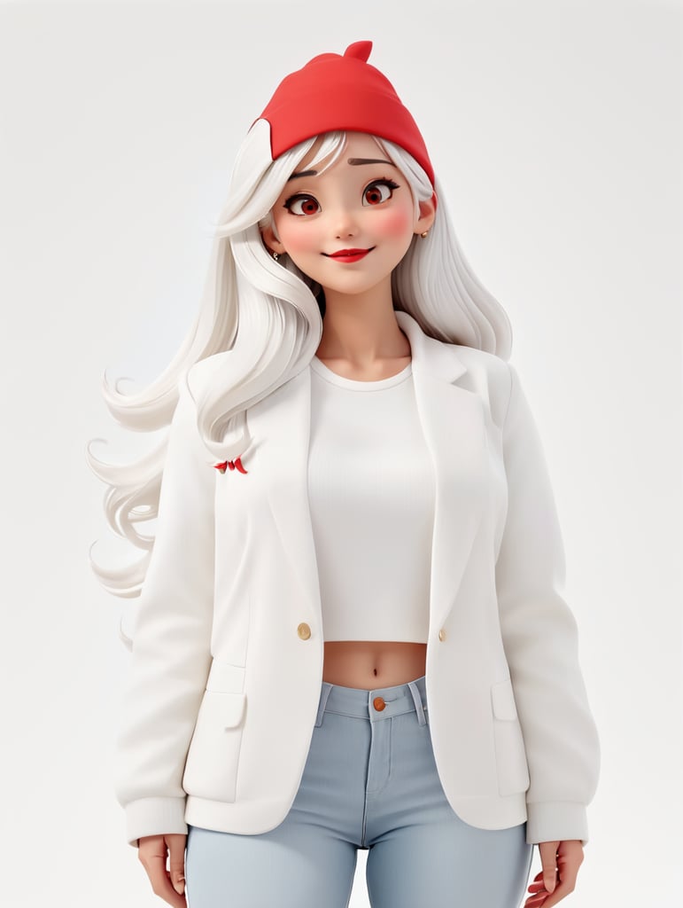 a young women with white hair and red hat on his head is wearing a white lacket, isolated, white background