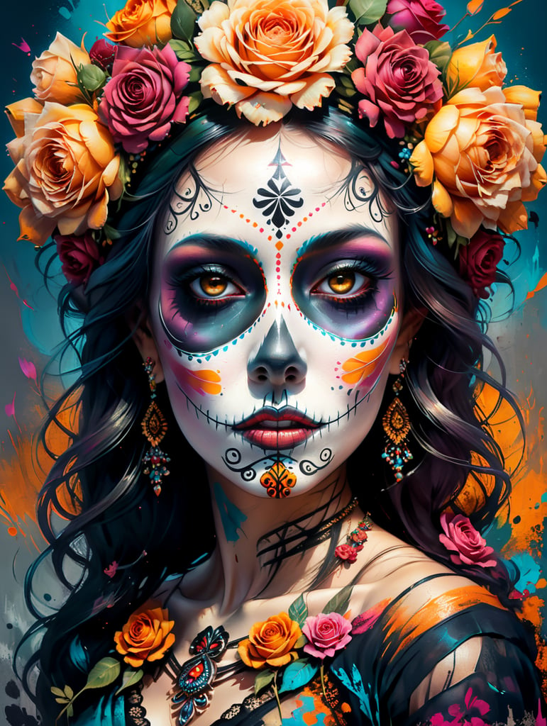 Portrait of Mexican beautiful catrina with roses on head Sugar skull makeup for day of dead in Mexico Dia de los muertos