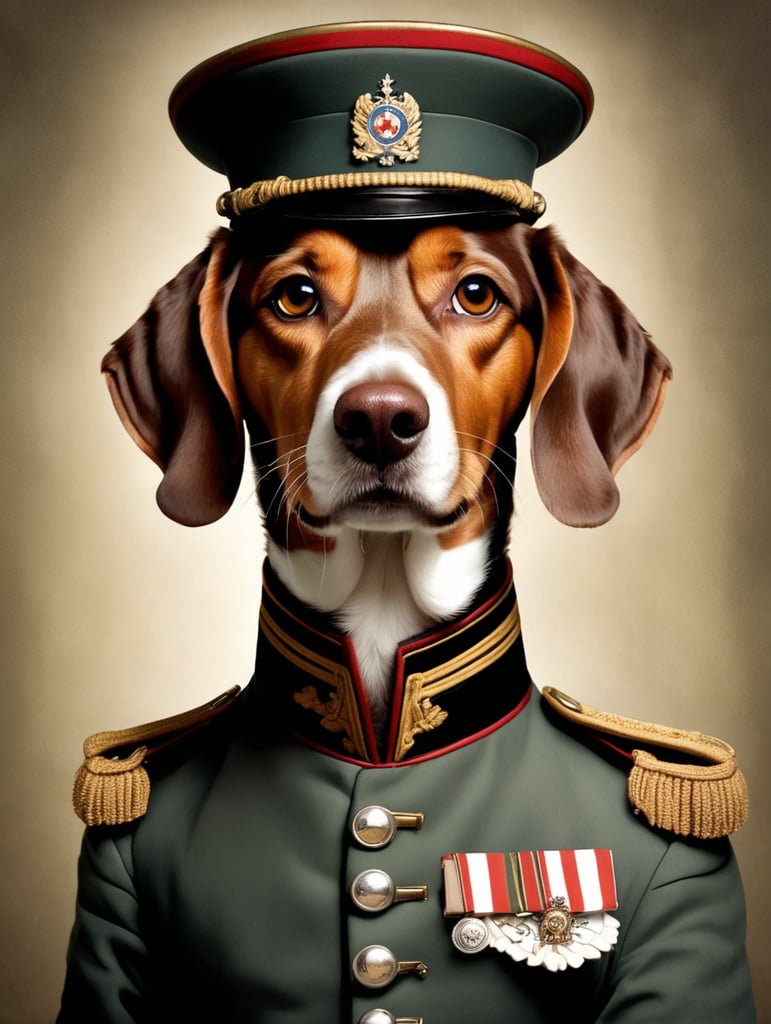 Brown and tan Dashchound in victorian military uniform THIERRY PONCELET style