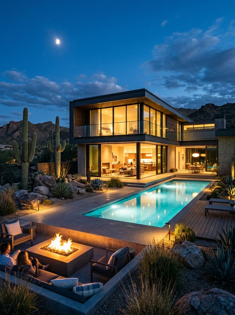 Modern two-story house at dusk, floor-to-ceiling glass windows glowing with warm interior light, illuminated rectangular swimming pool, concrete patio with sunken fire pit, desert landscaping with saguaro cacti and boulders, twilight blue sky with crescent moon, architectural photography, cool exterior and warm interior contrast