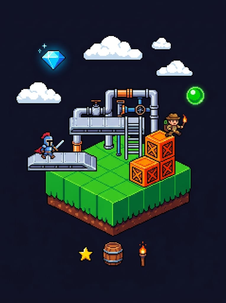 Retro 2D pixel art platformer assets float against a dark background. A green terrain block supports metallic structures, pipes, and orange crates. Pixelated white clouds, a floating diamond, a green orb, and two tiny character sprites complete the classic 8-bit video game aesthetic.