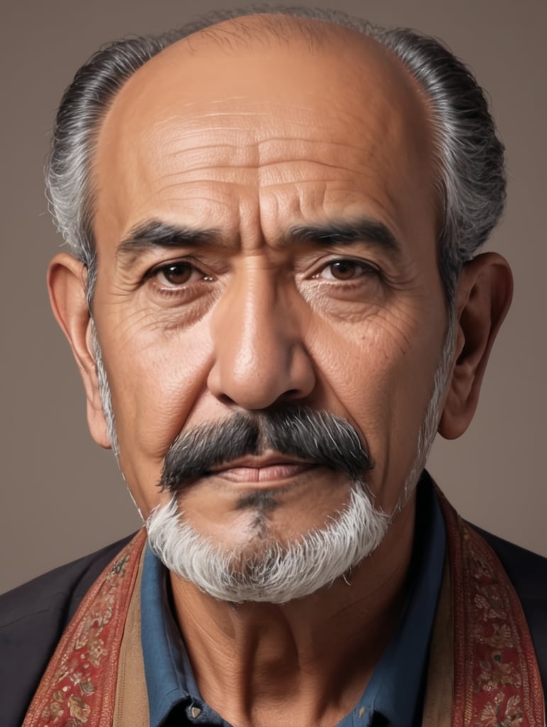 A old Mexican man with nice facial hair but is balding on the top of his head
