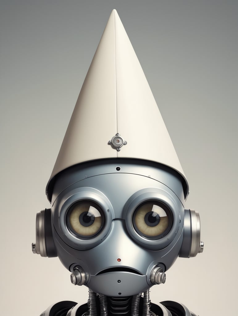 A cross-eyed robot wearing a dunce cap.