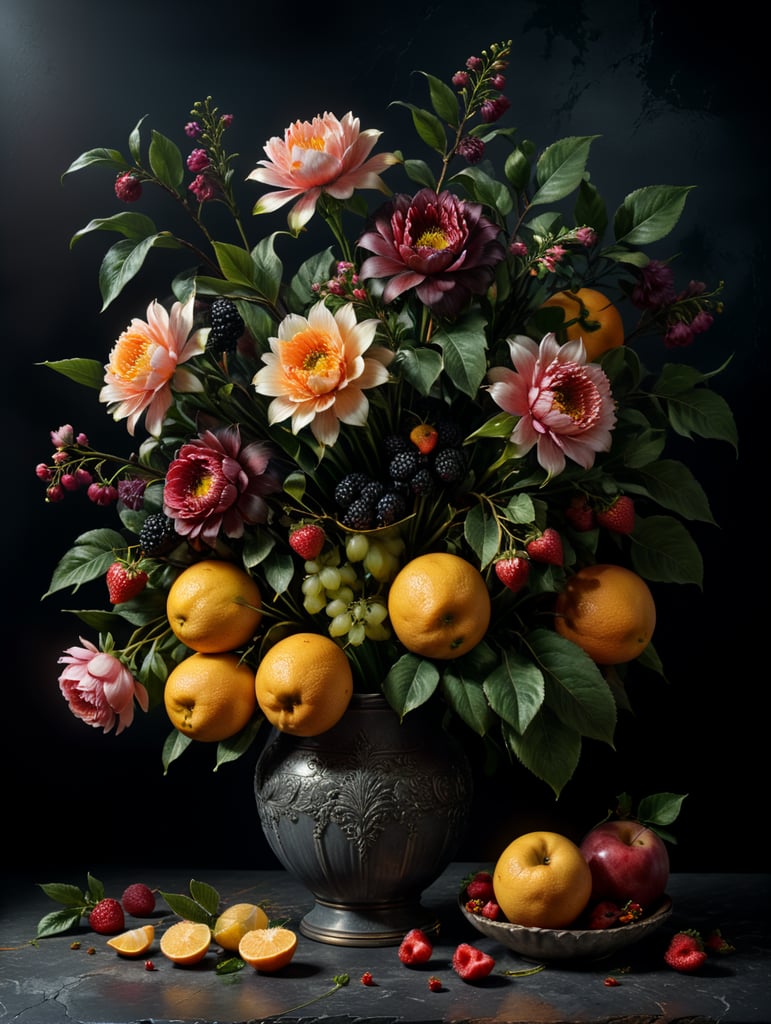 Craft a hyper-realistic still life painting showcasing a bouquet of exquisite flowers and fruits