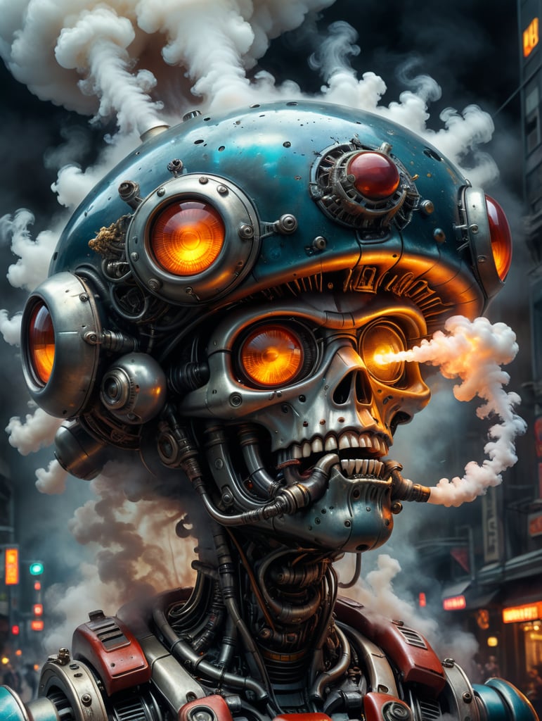 mushroom robot exhale smoke from mouth with background futuristic city vintage portrait