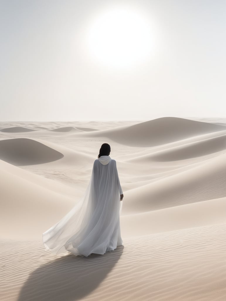 view from behind(((ethereal misty black cloaked woman figure))), clad in dark tones, advancing through a (((dunescape))) under a (rising moon), with (vast, smoldering sand dunes) reflecting an otherworldly light around its surroundings, abstract art