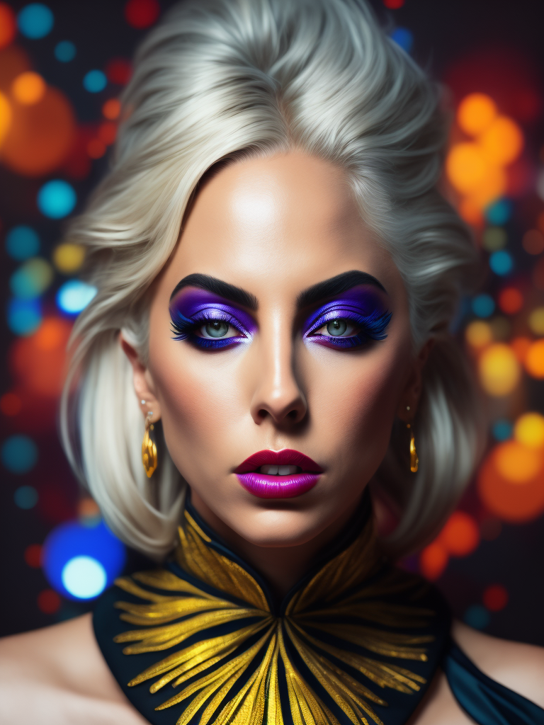 Portrait of lady gaga, bright and saturated colors, elegant, highly detailed, vogue, fashion magazine, sharp focus, bright expressive makeup, dramatic lighting, depth of field, incredibly high detailed, blurred background