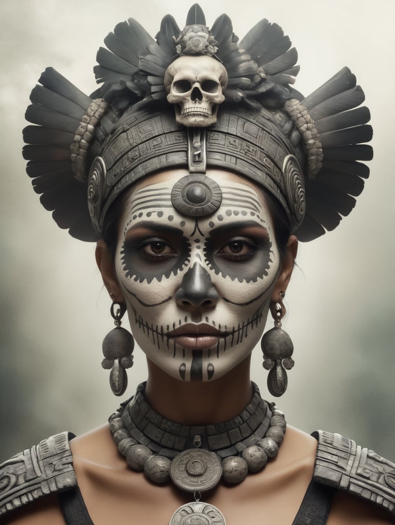 A realistic photo of Itzpapalotl, aztec deity, woman with a skull face, head and shoulder portrait