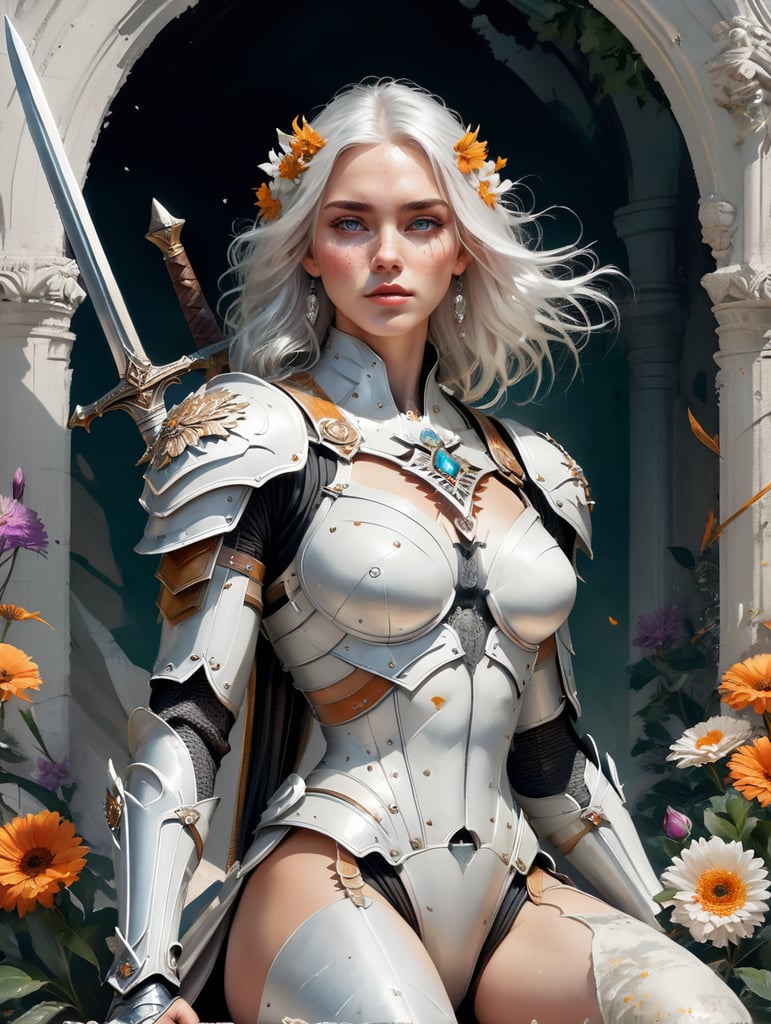 Beautiful white woman + warrior + white hair + grey eye + freckles + armor engraved with flowers + white flower background + freckles + huge claymore sword + sitting on a large white flower sculpted throne
