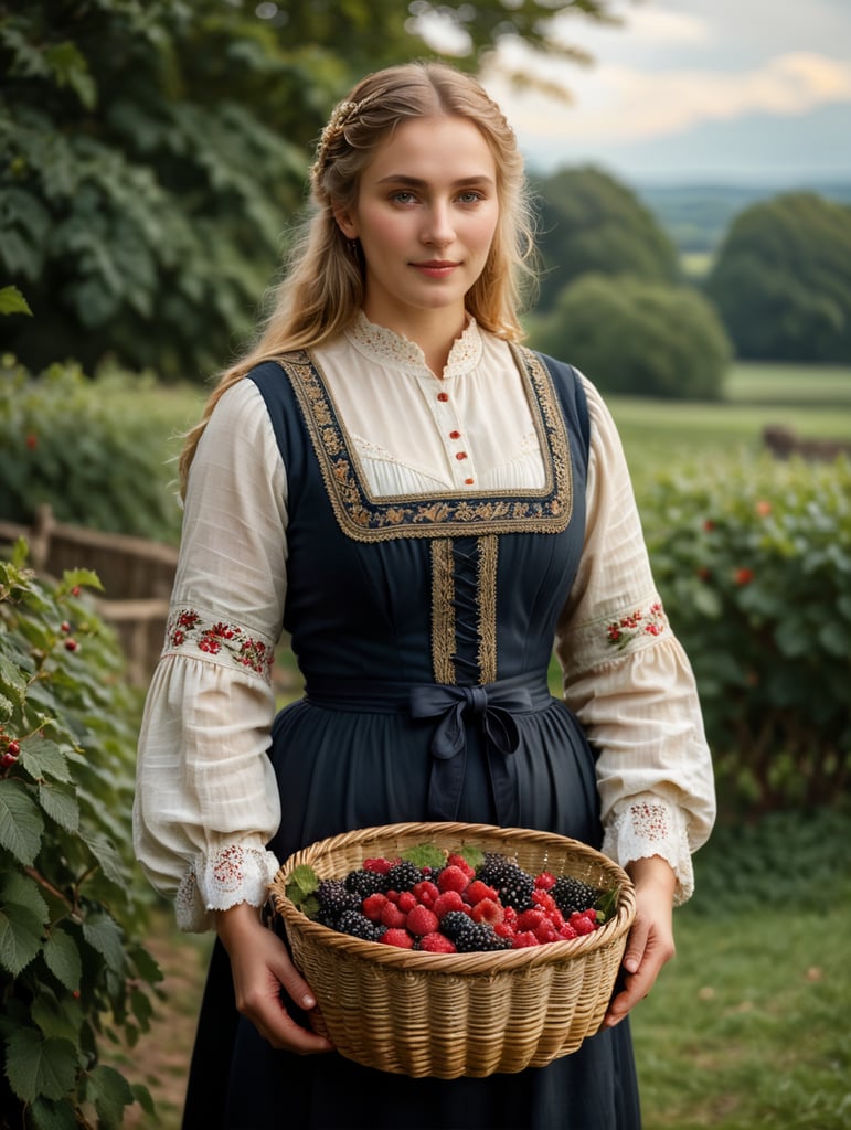 Englishwoman in traditional clothes of the 19th century. In her hands a basket with berries. The girl has light-blond hair.