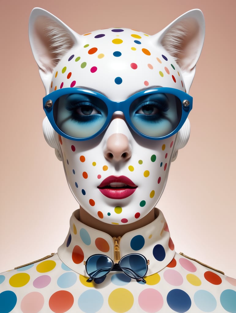 front portrait Photography, transparent porcelain printed with multicolor pop polka dots, pop Courreges air hostess cat woman mask with sunglasses , an attractive, 80 degree view, art by Sergio Lopez , Natalie Shau, James Jean and Salvador Dali