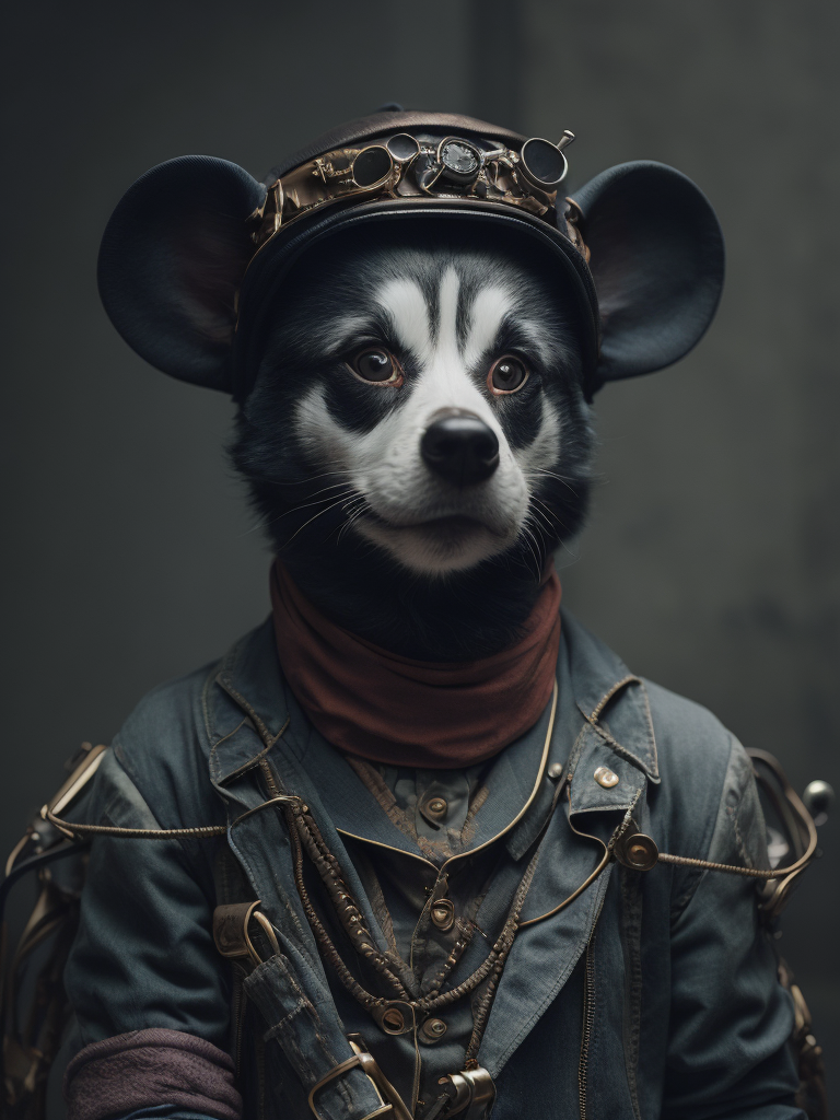 Portrait of Mickey Mouse in steampunk style. psychedelic, trippy, extremely detailed vibrant, cinematic lights, hyper realistic, hyper detailed, Sony Alpha α7, photorealistic
