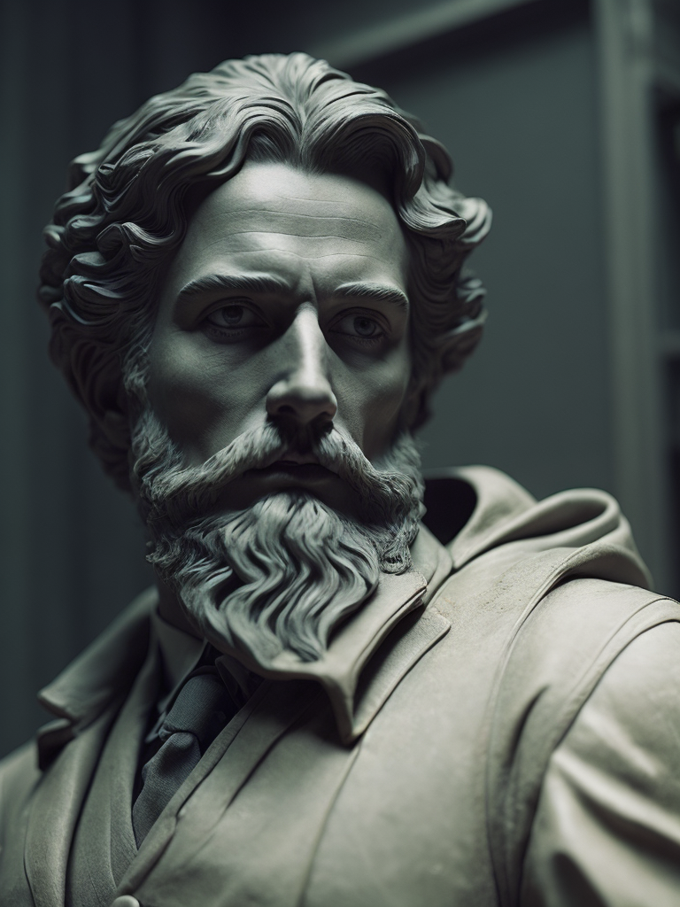 dark marble statue of english train worker, 1900, dark atmosphere, sharp on details