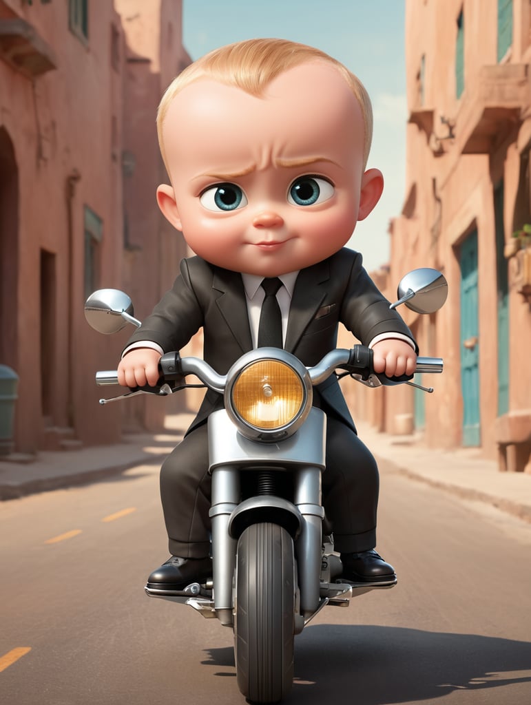 Boss baby Tom McGrath sitting on a motorbike