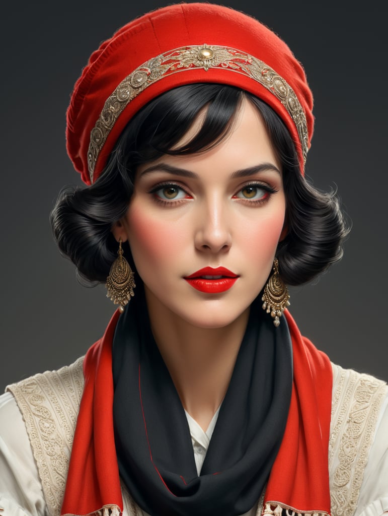 ulher arafed em um Chapéu vermelho e lenço em uma Capa de revisão piCtóriCa, Cor vistosa dos anos 1920, 1 9 2 0 s anúnCio, 1 9 2 0 s Cabelo de pano, J C LeyendeCker 8 K, j. C. LeyendeCker 8 K, j. C. LeyendeCker. Cabelos pretos