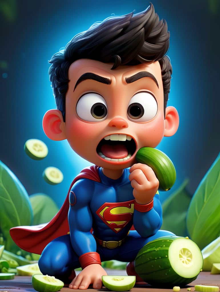 Crea un immagine di un bambino supereroe che mangia un cetriolo e fa de peti