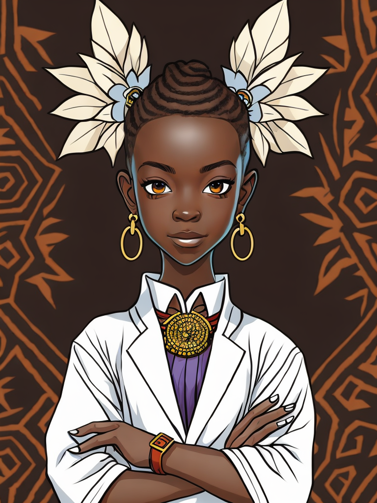 Create a manga drawing of a young African character wearing modernized traditional clothing, standing confidently with arms crossed.