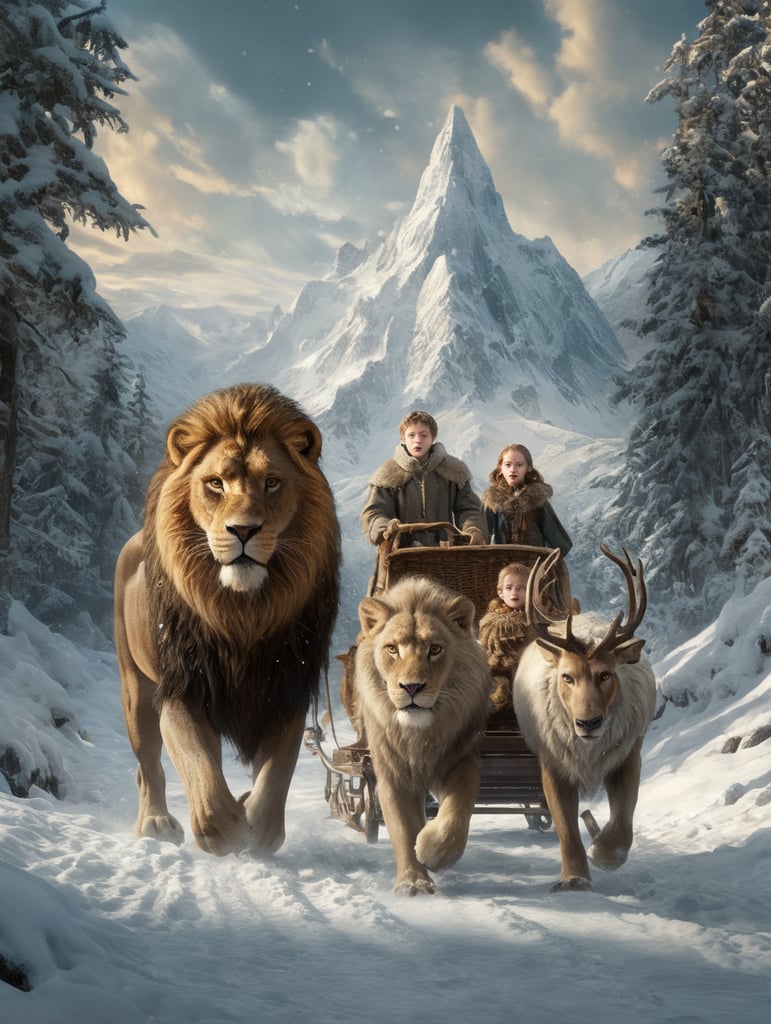 Aslan, from the Lion, the witch and the wardrobe being visited by three children in the snow in Narnia, with the white witch in a sled being pulled by reindeer in the background