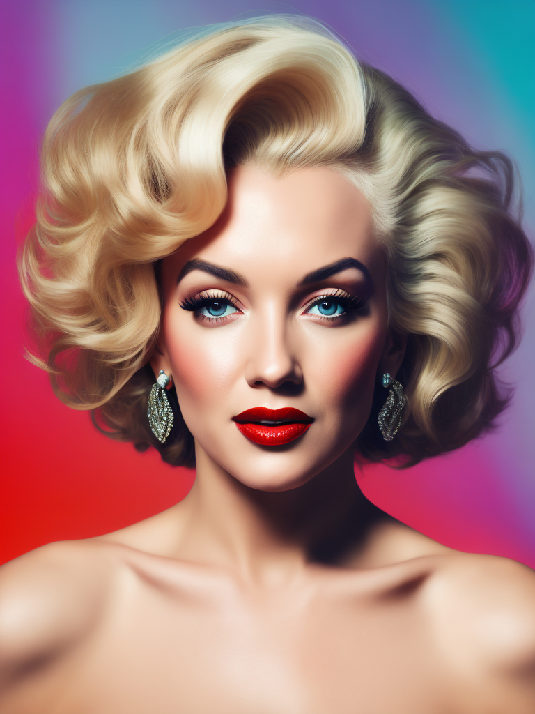 Portrait of Marilyn Monroe, ultra realistic, blonde hair, white dress, bright makeup, gradient background,