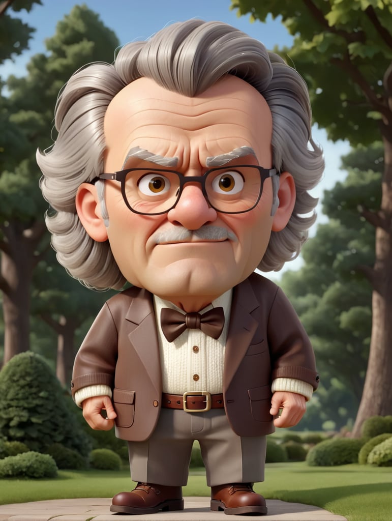 An elderly man with light gray hair and a bit of unshaven hair, thick light gray eyebrows, wearing a brown knitted cardigan, a white shirt with a bow tie, dark trousers with a leather belt, leather boots, thick-rimmed square glasses, an angry expression, on background of the park with trees and shrubs, sunny weather, bright colors, high quality details