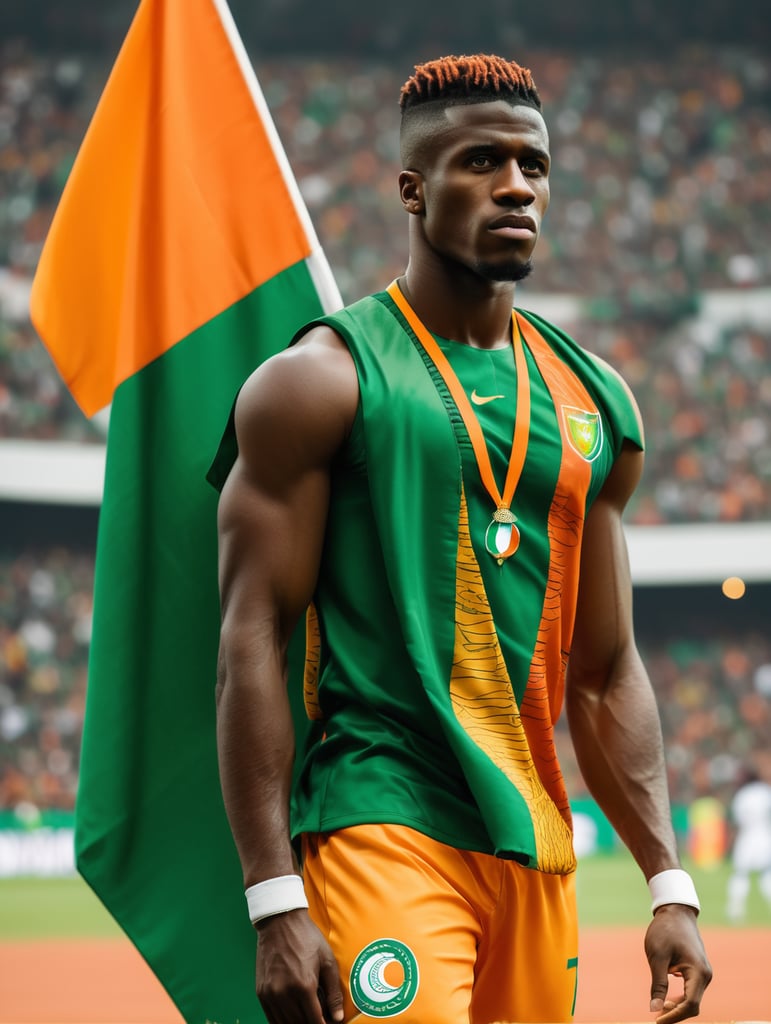 Wilfried Zaha on a stadium, dressed as an African warrior with the flag of the Ivory Coast