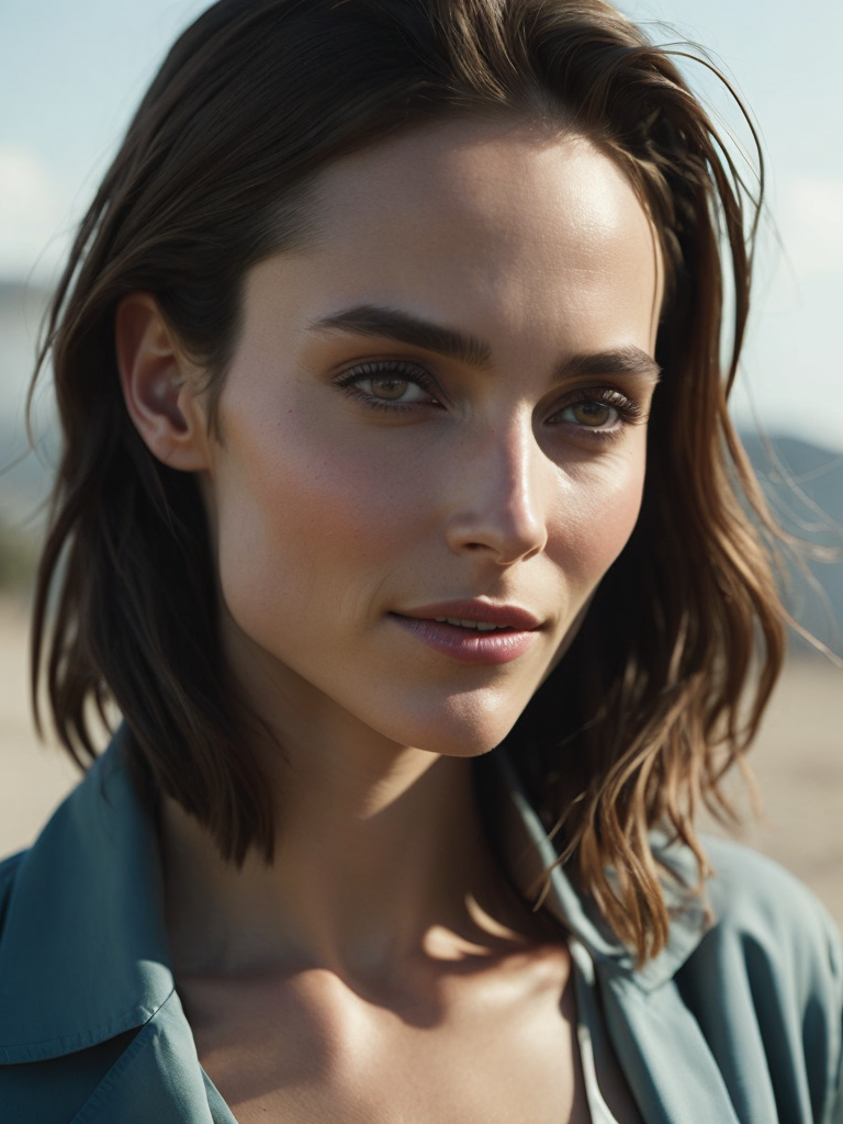 A cute and smiling young Natalie Portman in white bikini on the beach. clear, sharp and colorful high-resolution light picture.