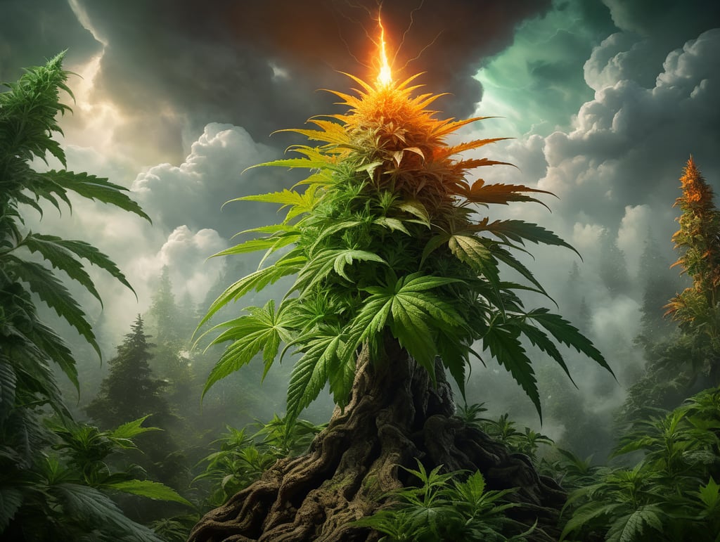 Huge single cannabis plant the size of an oak tree getting struck by a bright green lightning bolt, Heavy green fog and green smoke everywhere, overgrown forest, all of the foliage is bright orange, cannabis growing everywhere, orange sunshine peeking between the clouds, green lightning through the clouds, highly detailed, sharp focus, dramatic lighting, depth of field, incredibly high detailed