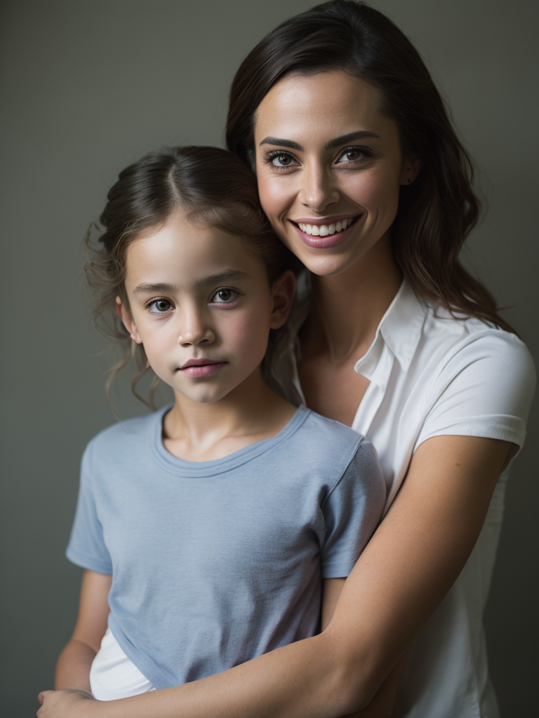 Woman wearing White T-Shirt, Smiling While Her Daughter Hugs Her