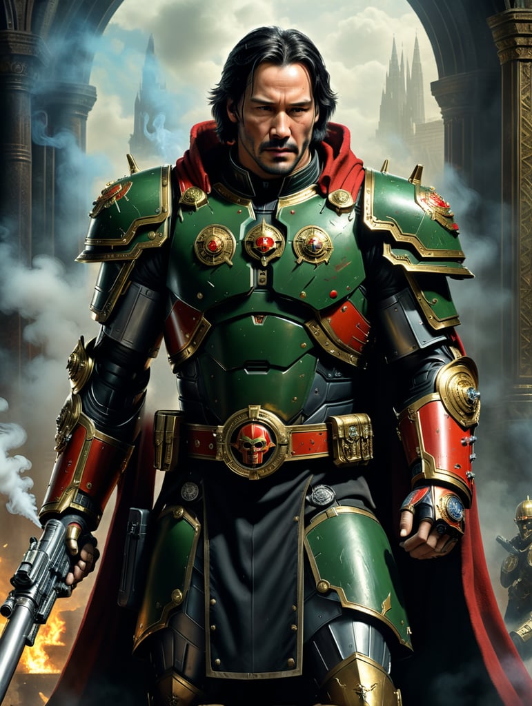 Young Keanu reeves from the 2005 Constantine Movie, but embedded in the Warhammer 40K universe, In a cool calm pose, Standing and smoking a cigarette, bolter gun strapped to his left leg. He is wearing Imperial Ecclesial robes and armor beneath them.