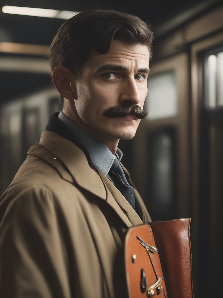 Retrato de un operador ferroviario ingles de 1900, con bigotes, serio, en un ambiente oscuro, vestidos con ropa de uniforme ferroviario.light atmosphere, sharp on details