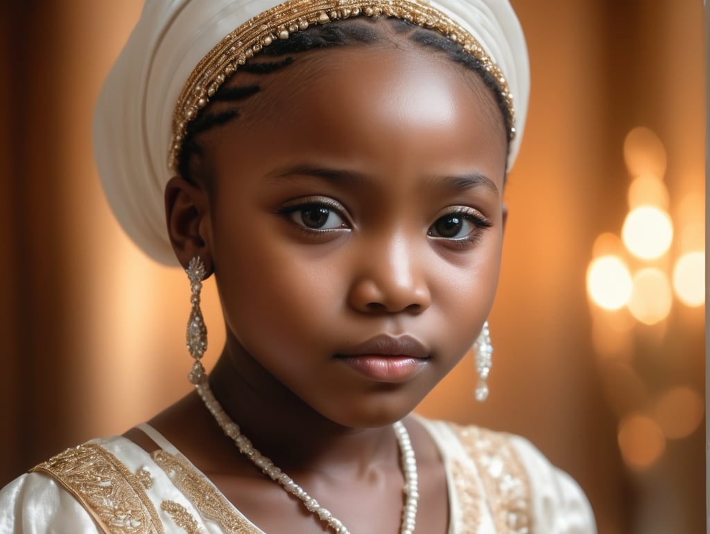 A distant image of a fair beautiful Yoruba girl crying in a plush room of a mansion. She is 10 years old