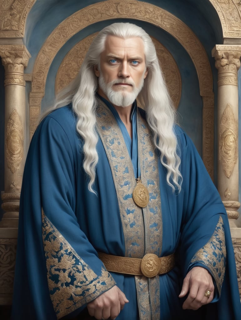 pale middle age man with long white hair and pale blue eyes. Rich blue robe with golden decorations. Ancient times.