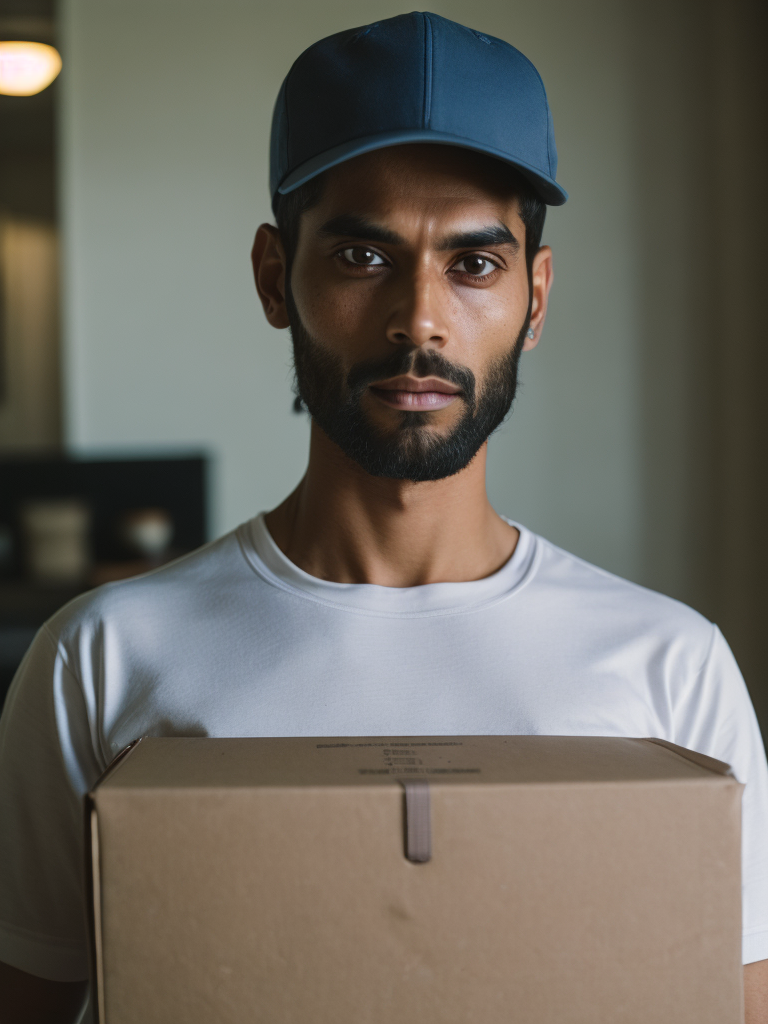 portrait of a delivery Indian man with black beard, wearing a white cap and white t-shirt, holding a box