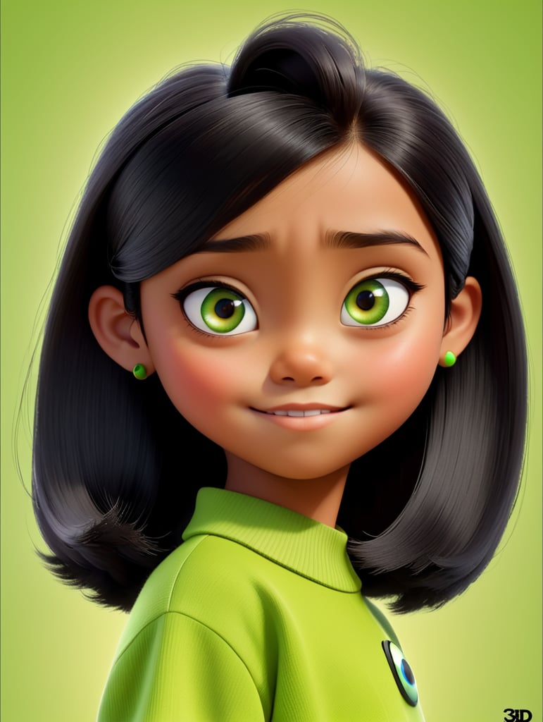 A Disney Pixar-inspired movie poster with title "nik.rdn" , black hair,one eye is green and the other is brown , girl, short hair, 13 years old , bright skin , black clothes