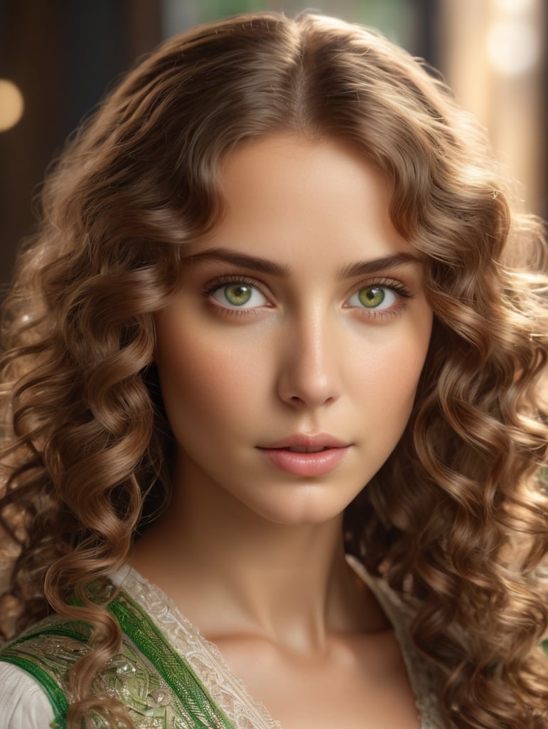 ((masterpiece)) 1girl, green eyes, light soft skin, curly long brown hair, portrait, (extremely intricate:1.3), (photorealistic:1.5) (Optimal lighting) (Extremely complex and detailed) , 4k unity, (Super detailed CG: 1.2) , (8k: 1.2)