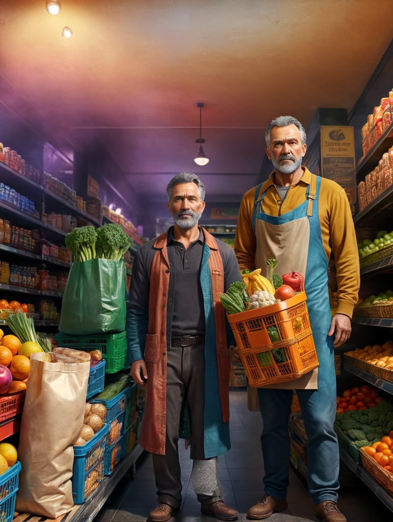 Beautiful shop owner man with grocery store, vibrant, detailed ware