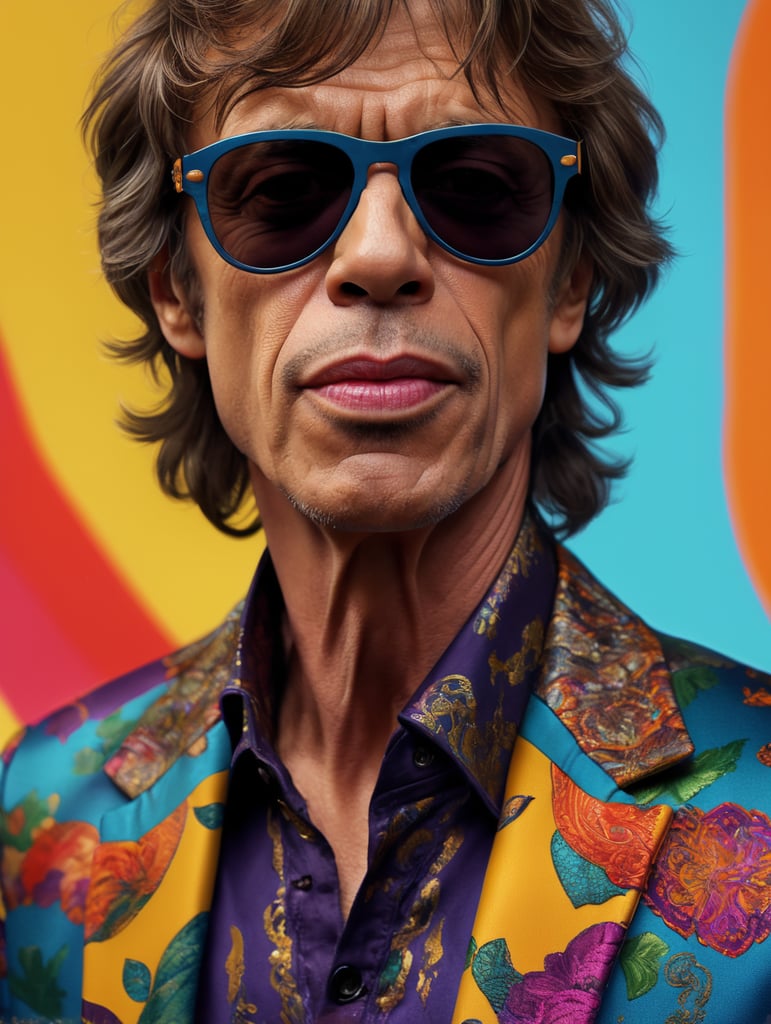 Mick Jagger wearing a brightly patterned jacket and wayfarer glasses, Vivid saturated colors, Contrast color