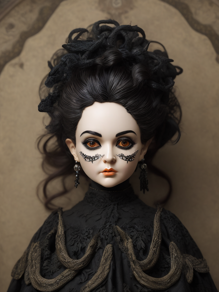 Quay Brothers style, Victorian porcelain doll head with black mambo snake hair, intricate black lace dress, muted colors, gothic horror, highly detailed, 4k