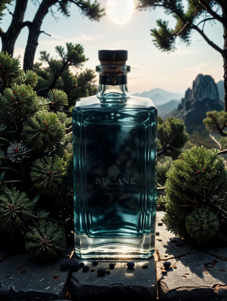 professional photography of a square gin bottle, square bottle, surrounding a juniper and juniper berries, one shot of gin in a front, no label, clear, mockup