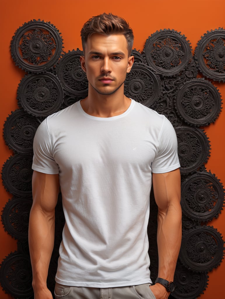 young male in plain white casual tshirt on orange background