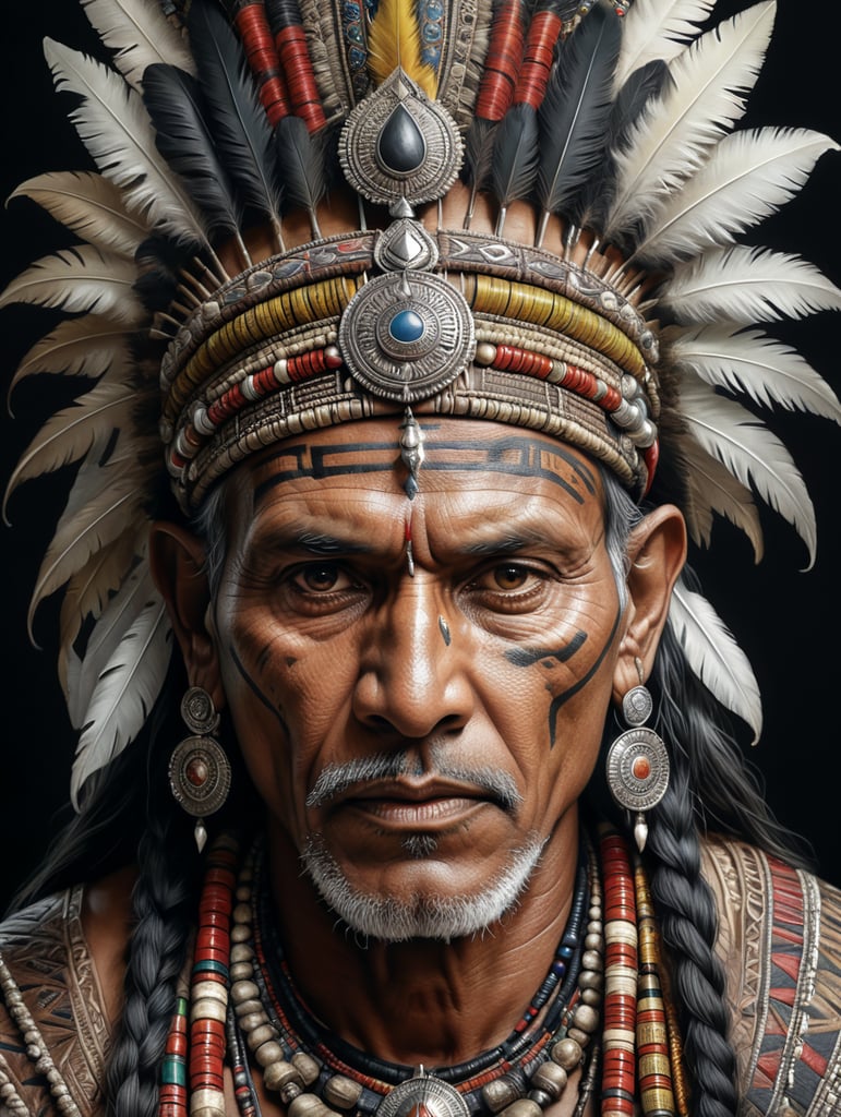 Indian tribal leader, illustration, Pencil, Portrait, B , USA, style of Laurie Lipton