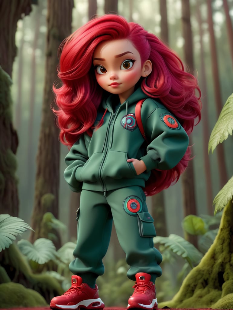 A young beautiful girl in futurestic HOODY jacket and pants and red hair against the backdrop of a alien space forest in red-burgundy tones, blurred background, focus on the girl, detailed cloth, Dramatic Lighting, Depth of field, Incredibly high detailed shoes make from dark slime, venom, sci-fi, alien, deep atmosphere, dark, saturation, vibrance, sharp bright and saturated colors, elegant, highly detailed, vogue, fashion magazine,