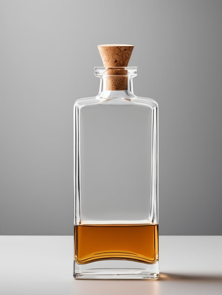 Design minimalist clear tequila bottle that’s square using 4.5” x 4.5” x 8” with the top edges being rounded and curved with bottom remaining square. Add a natural cork.