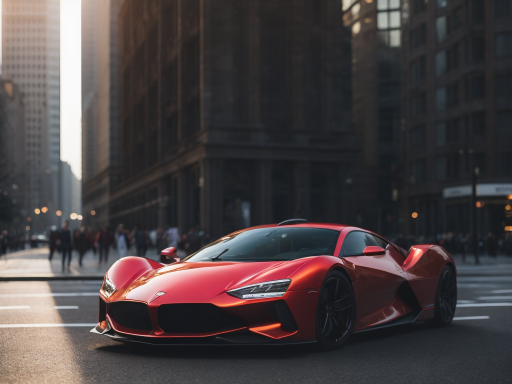 Capture a stunning photograph of a vibrant red futuristic car no logo, no symbol, no brand. Utilize a Zeiss Otus 55mm f 1. 4 lens for exceptional sharpness and color rendition to emphasize the luxury and extravagance of the scene. Experiment with a shallow depth of field (around f 2. 8) to separate the subject and the car from the background. Pay close attention to the volumetric lighting, creating dramatic shafts of light that envelop the scene in a warm, ethereal glow. Experiment with various angles and perspectives, such as low - angle shots, to accentuate the power and prestige of both the subject and the setting. Like the car's polished body , to add depth and visual interest to the composition. Finally, capture the essence of luxury, ambition, and urban sophistication in this captivating diffusion photography scene.